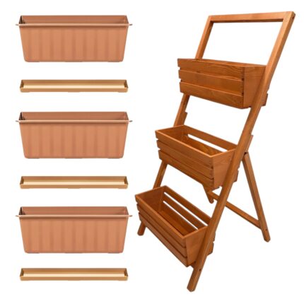 Kwietnik drewniany stojący 3-poziomowy z wkładami i podstawkami 40 cm – stojak na kwiaty i zioła